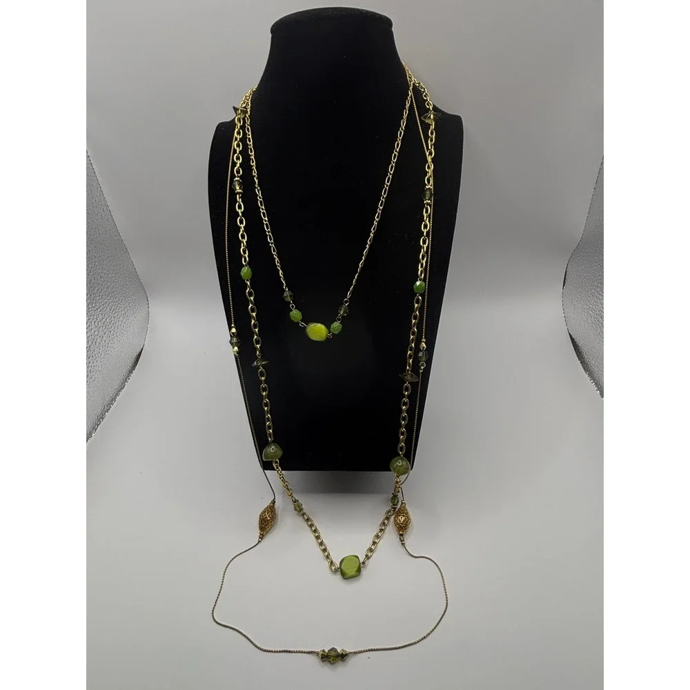 Sonoma Goods for Life Gold Tone Layered Necklace Green Beads Filigree 36 Inch